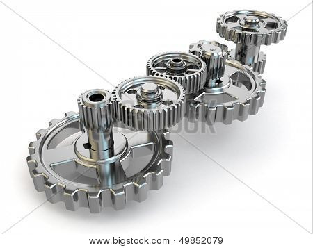 Perpetuum mobile. Iron gears on white isolated background. 3d