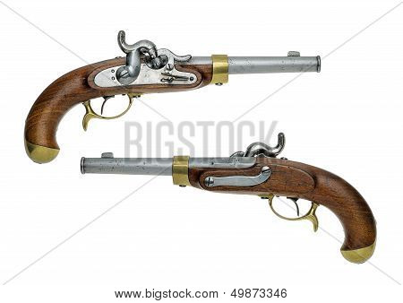 Prussian antique percussion pistol on a white background