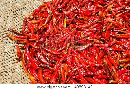 Rode chilipepertjes op de mand