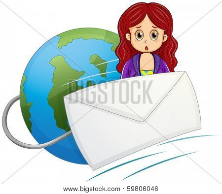 Illustration of a shocked woman in the middle of the envelope and the globe on a white background