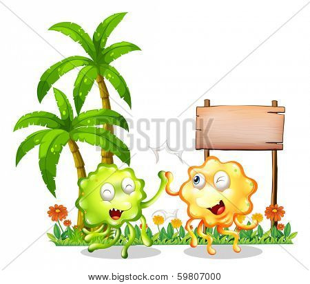 Illustration of the two bestfriends in front of the empty wooden signboard on a white background