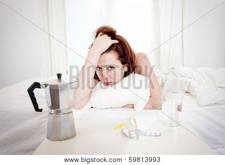 Red Haired Girl With Hangover Wanting Coffee In Bed