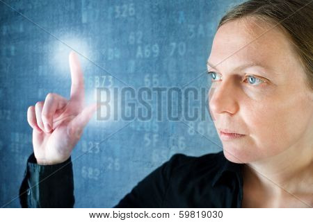 Attractive Businesswoman Pressing Touch Screen Button