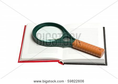 Opened Notepad With Magnifying Glass Isolated On White Background