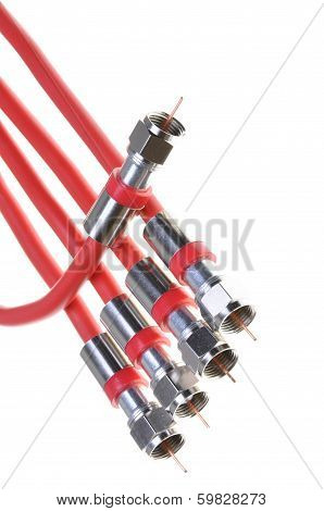 Bunch of red coaxial cables with connectors