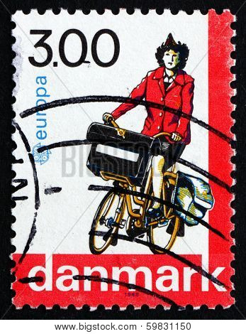 Postage Stamp Denmark 1988 Postwoman On Bicycle