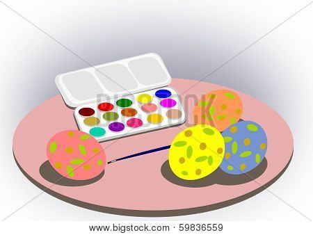 Paintbox and Easter eggs.