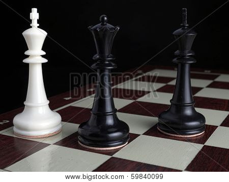 White King checkmated by black Queen with Black King on chessboard