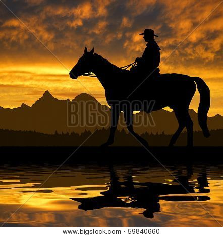 Silhouette cowboy with horse in the sunset
