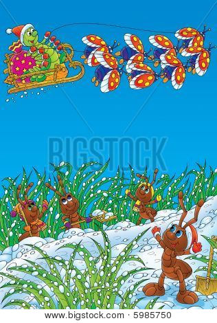 Ameisen, Marienkäfer und Gleiskettenfahrzeug feiern Weihnachten