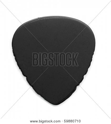 heavily worn and used black guitar pick, isolated on white. Sides have notches from heavy string sliding.