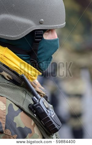 KIEV, UKRAINE - February 16, 2014: Ukrainian revolution, Euromaidan. Self-defense fighters Maidan on Grushevsky street
