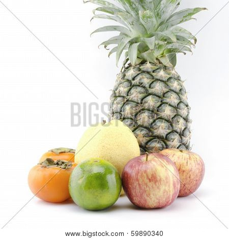 Pineapple Chinese Pear Persimon And Green Orange Isolated On White