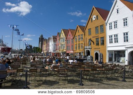 Cafe at Bryggen, Bergens landmark in Norway
