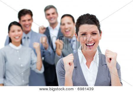 Happy Business Partners Punching The Air In Celebration