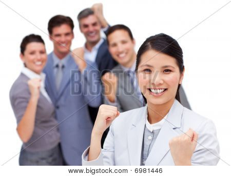 Multi-ethnic Business Team Punching The Air In Celebration