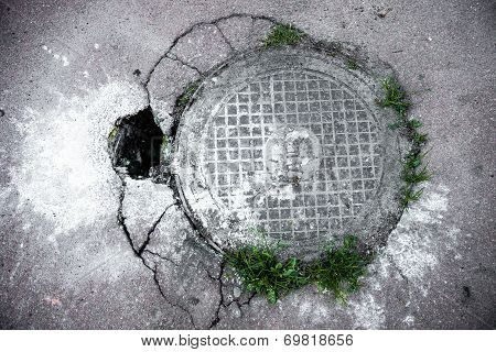 Manhole In Cracked Asphalt Surface