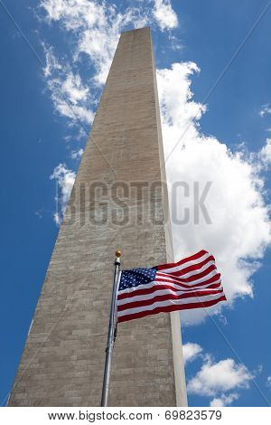 Obelisk With American Flag In National Mall, Washington Monument