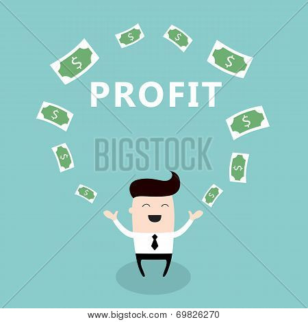 Happy Businessman Surrounded By Money Cute Cartoon Character Profit Successful Business Concept