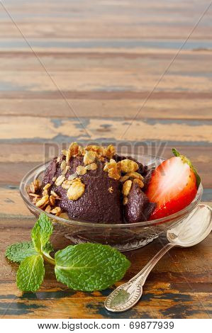 Acai Pulp In Glass With Fresh Mint And Strawberry With Copy Space