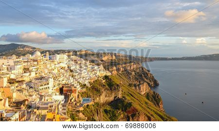 Typical caldera view of Santorini buildings when sunset