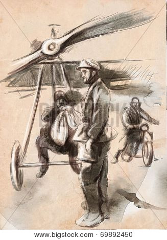 At The Airport - Postal Plane With A Pilot And Soldier