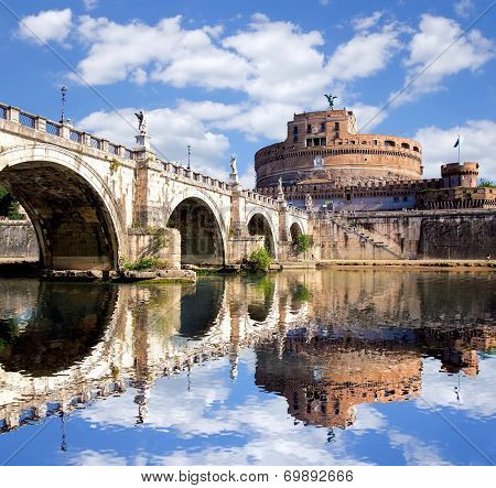 Angel Castle with bridge on Tiber river in Rome, Italy