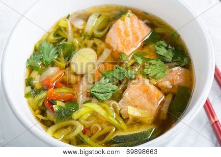 Miso Soup With Salmon Close-up.