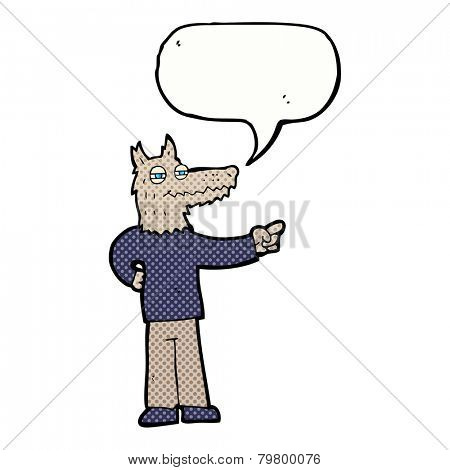 cartoon pointing wolf man with speech bubble