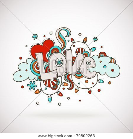 Doodle word LOVE with snowflakes, light bulbs, clouds and heart.