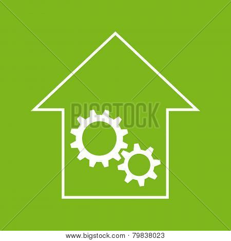 White and green house with gear wheels