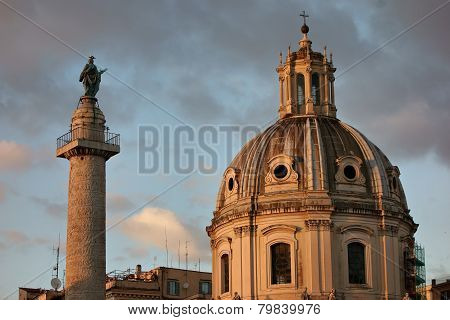 Traian Column And Santa Maria Di Loreto In Rome, Italy