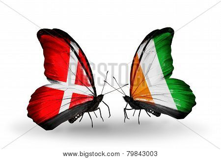 Two Butterflies With Flags On Wings As Symbol Of Relations Denmark And Cote Divoire