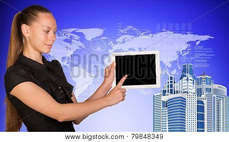 Business woman holds tablet PC, pointing at blank screen