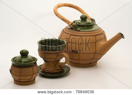 Tea Pot, Cup And Sugar Bowl