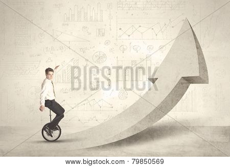 Happy business man riding a monocycle up on an arrow concept