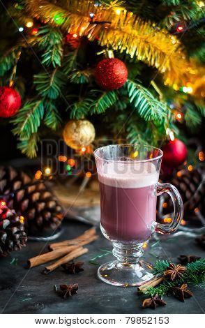 Christmas Winter Sweet Hot Alcohol Drink Mulled Red Wine Glintwine With Egg Cream And Spices. Vertic