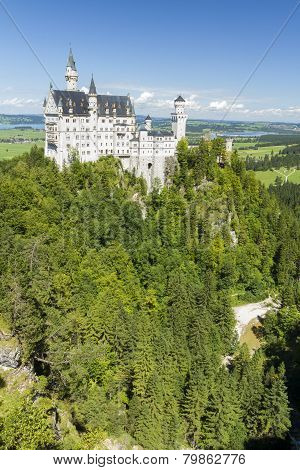 Neuschwanstein Castle Amongst Green Trees, Bavarian Alps.