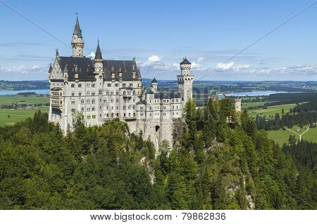Neuschwanstein Castle Amongst Green Trees, Bavarian Alps.
