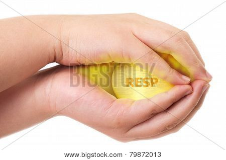 Canadian Registered Education Savings Plan, Resp Concept With Two Hands Holding Tight On A Golden Eg