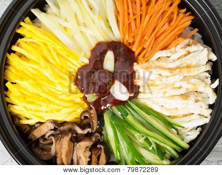 Top View Close Up Traditional Korean Bibimbap In  A Clay Pot