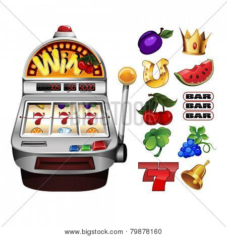 A slot fruit machine with cherry winning on cherries and Various slot fruit machine icons