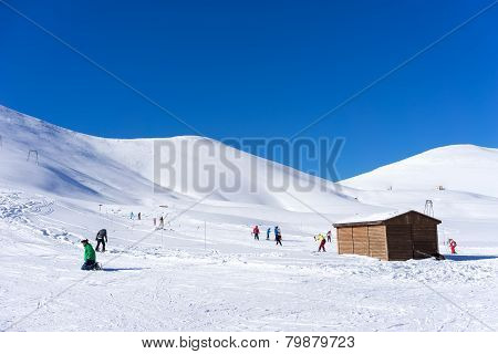 Aerial View Of Skiers At Ski Resort Falakro, In Greece.