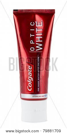 Ankara, Turkey - January 08, 2015: Studio shot of new oral hygiene product Colgate optic white toothpaste isolated on white background. 