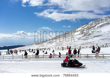 Skiers Enjoy The Snow At Kaimaktsalan Ski Center, In Greece. Recently At The Ski Center Every Lift H