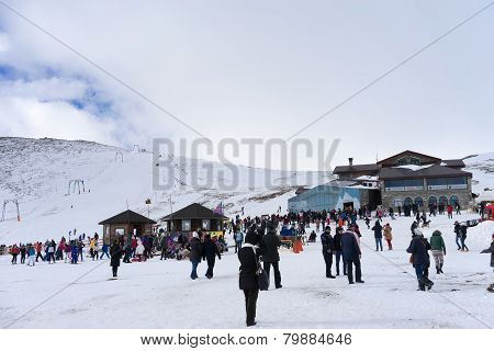 Skiers Enjoy The Snow At Kaimaktsalan Ski Center, In Greece. Recently At The Ski Center Every Lift H