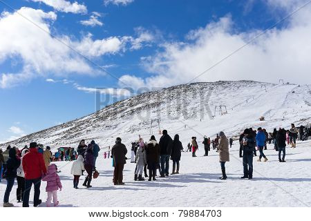 Skiers Enjoy The Snow At Kaimaktsalan Ski Center, In Greece. Recently At The Ski Center Every Lift H