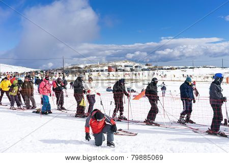 Skiers Enjoy The Snow At Kaimaktsalan Ski Center, In Greece. Recently At The Ski Center Every Lift H
