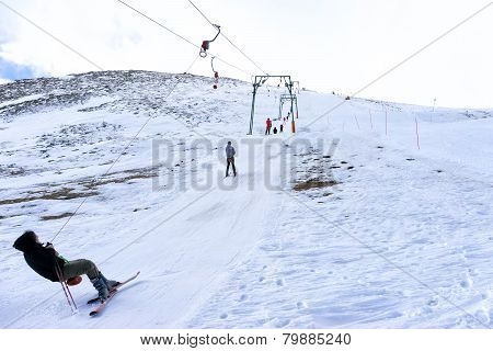 Skiers Enjoy The Snow At Kaimaktsalan Ski Center, In Greece. Recently At The Ski Center Every Lift H
