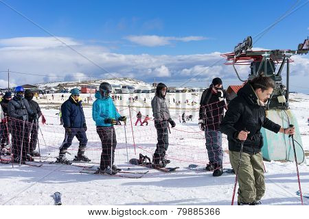 Skiers Enjoy The Snow At Kaimaktsalan Ski Center, In Greece. Recently At The Ski Center Every Lift H